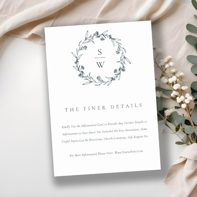 Chic Floral Laurel Wreath Monogram Wedding Details Begleitkarte (Von Creator hochgeladen)