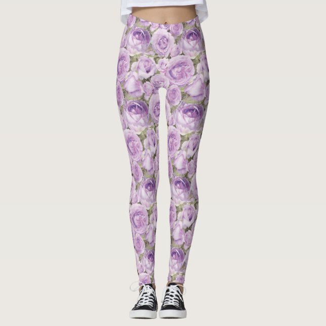 Chic Floral Lavendel und Lila Rose Muster Leggings (Vorderseite)
