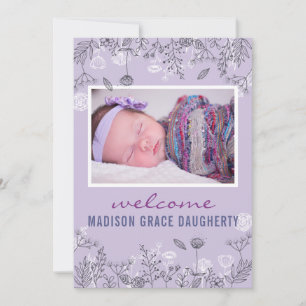 Chic Floral Lila Birth Announcement Card