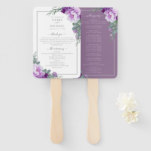Chic Floral Lila & Gray Wedding Program Handfan Fächer (Vorne und Hinten)