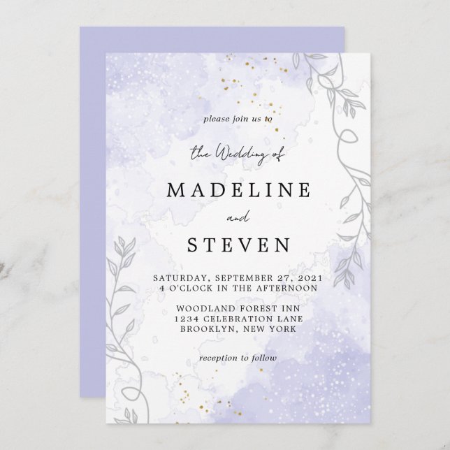 Chic Floral Lila Watercolor Tinte Monogramm Hochze Einladung (Vorne/Hinten)