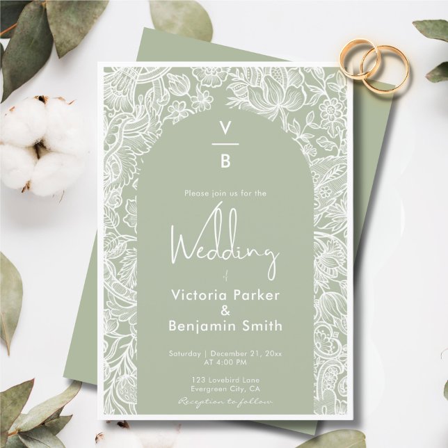 Chic Floral Line Boho Arch Monogram Sage Wedding Einladung (Chic Floral Line Boho Arch Monogram Sage Wedding Invitation)