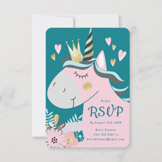 Chic Floral Magical Unicorn Girl's Birthday Party RSVP Karte (Vorderseite)