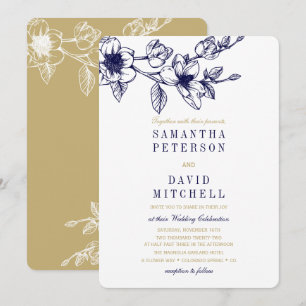 Chic Floral Magnolia Branch Navy Blue GOLD Hochzei Einladung
