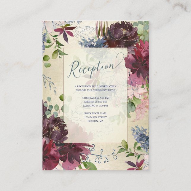 Chic Floral Marsala Rose Watercolor Empfang Begleitkarte (Vorderseite)