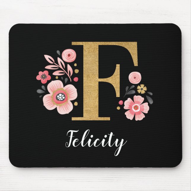 Chic Floral Monogram Erstmaliger rosa Goldener Buc Mousepad (Vorne)