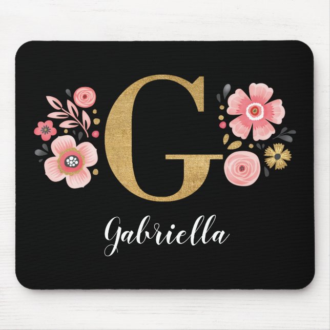 Chic Floral Monogram Initial Black Gold Letter G Mousepad (Vorne)