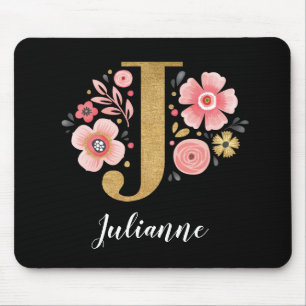 Chic Floral Monogram Initial Pink Gold Letter J Mousepad