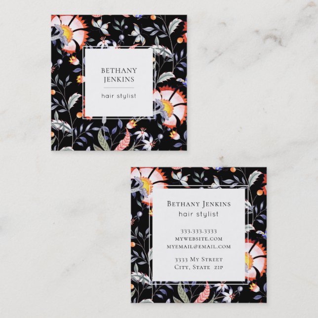 Chic floral Muster Black Business Card Quadratische Visitenkarte (Vorne/Hinten)