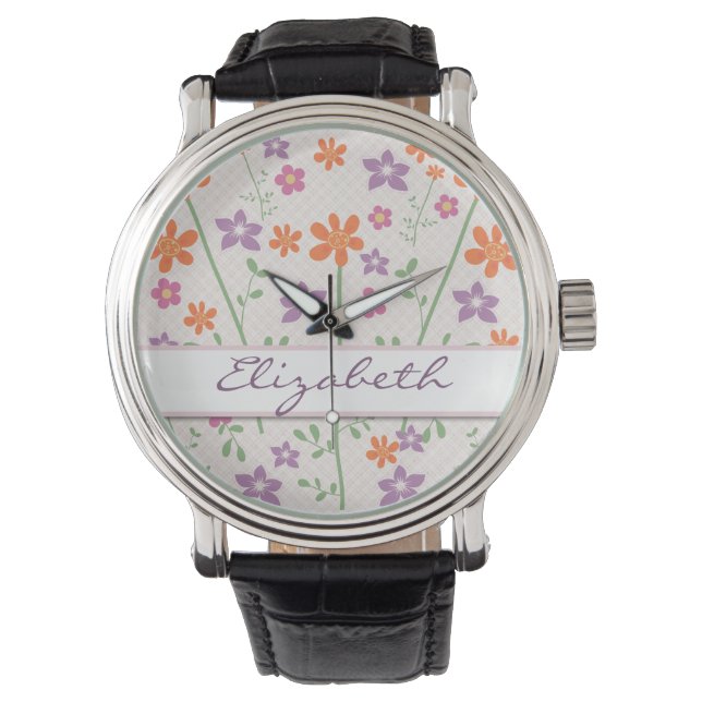 Chic Floral Muster Design Monogram Armbanduhr (Vorderseite)