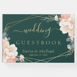 Chic Floral Peach Cream Gold Smaragdgrüne Hochzeit Gästebuch