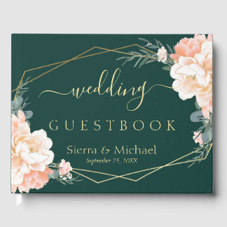 Chic Floral Peach Cream Gold Smaragdgrüne Hochzeit Gästebuch
