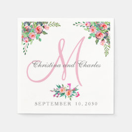 Chic Floral Pink Monogram Wedding Paper Napkins Serviette
