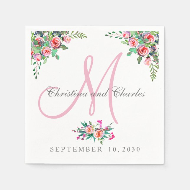 Chic Floral Pink Monogram Wedding Paper Napkins Serviette (Vorderseite)