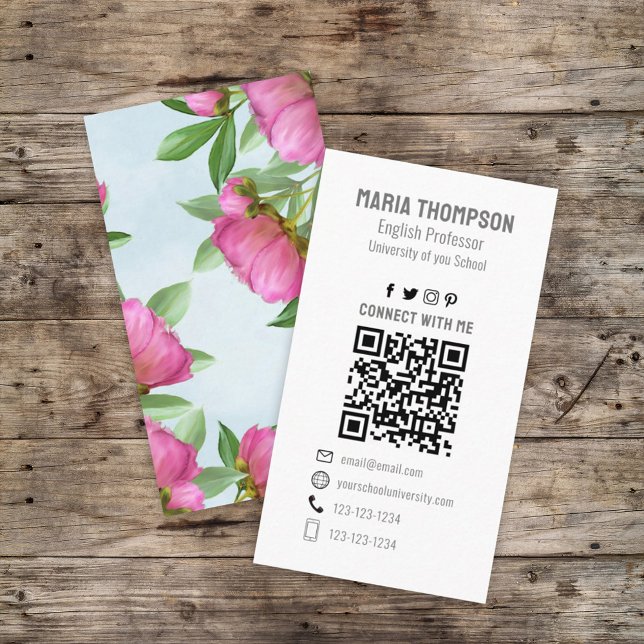 Chic Floral Pink Peony Beruflich QR Code Einfach Visitenkarte (Von Creator hochgeladen)