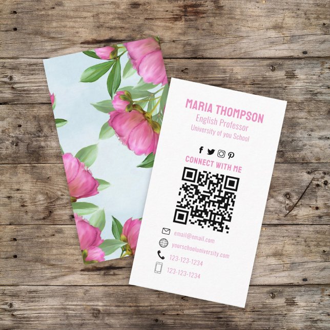Chic Floral Pink Peony Beruflich QR Code Visitenkarte (Von Creator hochgeladen)