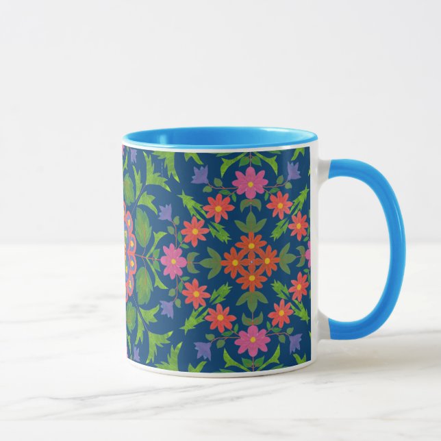 Chic Floral Rangoli Deep Blue Ringer Kaffee Tasse (Rechts)