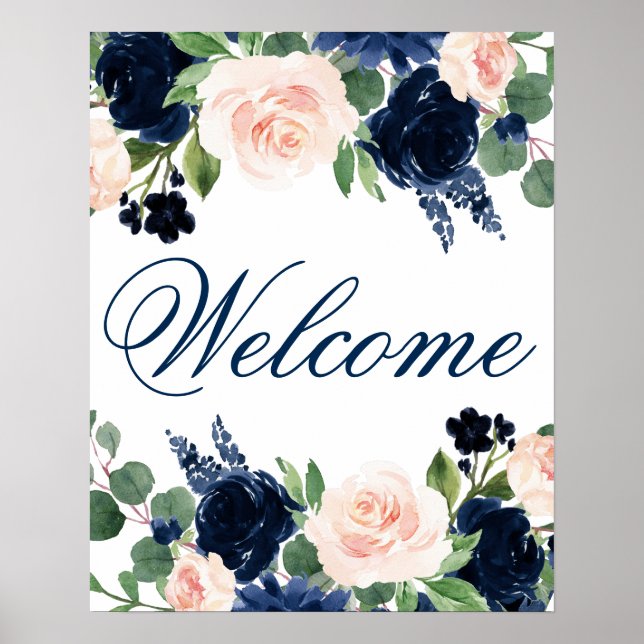 Chic Floral | Romantisches Blush Navy-Brautparty Poster (Vorne)