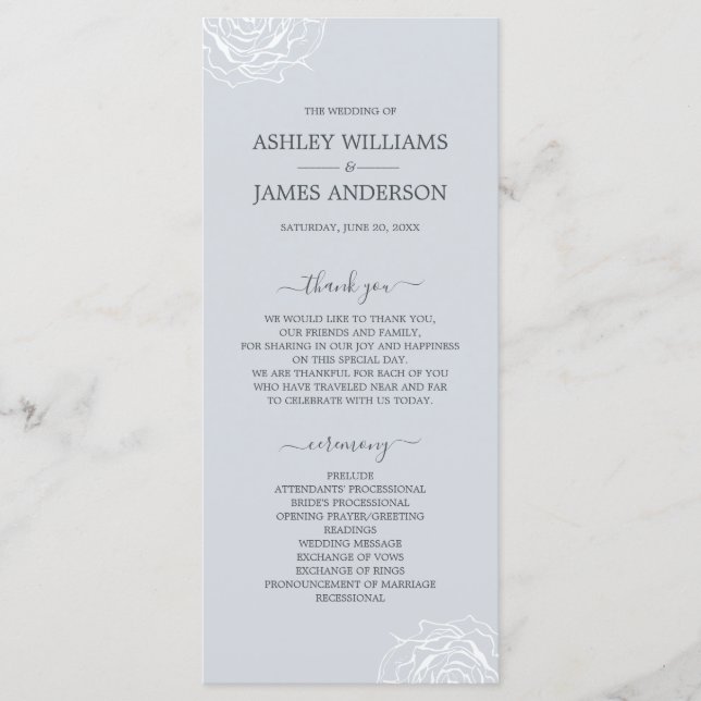 Chic Floral Rose Ice Blauen Einfache Hochzeit Programm (Vorderseite)