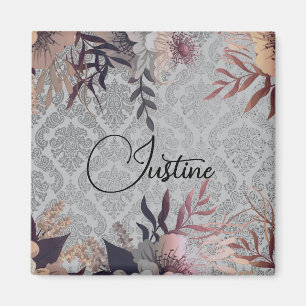 Chic Floral Silver Damask Personalisiert Magnet