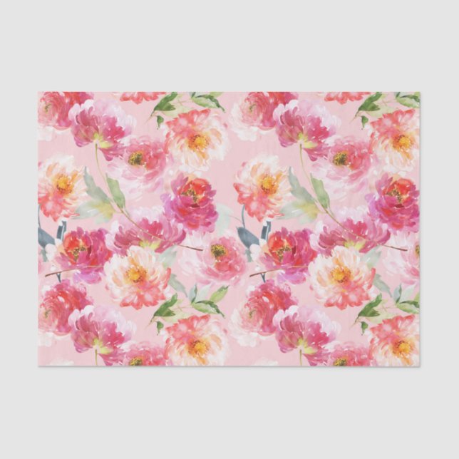Chic Floral Watercolor Pink Peonies Muster Seidenpapier (Vorderseite)