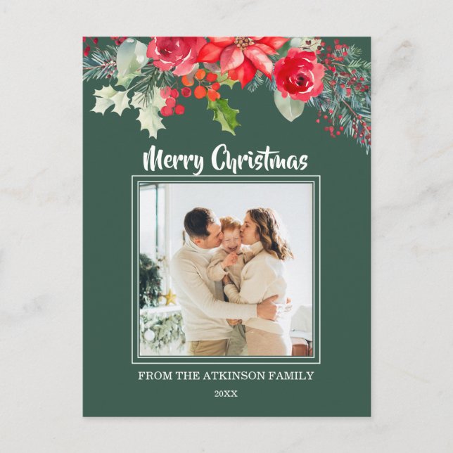 Chic Floral Watercolor Poinsettia Foto Weihnachten (Vorderseite)