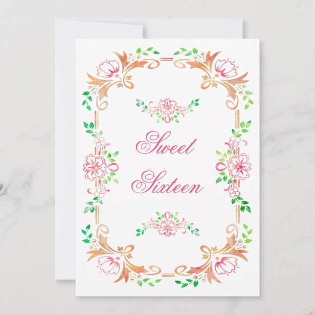 Chic Floral Watercolor Sweet 16 Double Sided Einladung (Vorderseite)