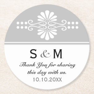 Chic Floral Wedding Danke Monogram:Gray White Runder Pappuntersetzer