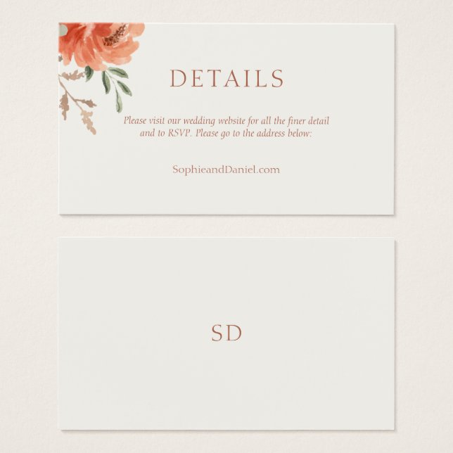 Chic Floral Wedding Details Eintrittskarte (Vorne & Hinten)