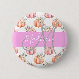 Chic Floral White Pink Peach Pumpkin Monogram Name Button