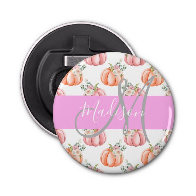 Chic Floral White Pink Peach Pumpkin Monogram Name Flaschenöffner (Vorderseite)