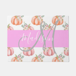 Chic Floral White Pink Peach Pumpkin Monogram Name Fußmatte