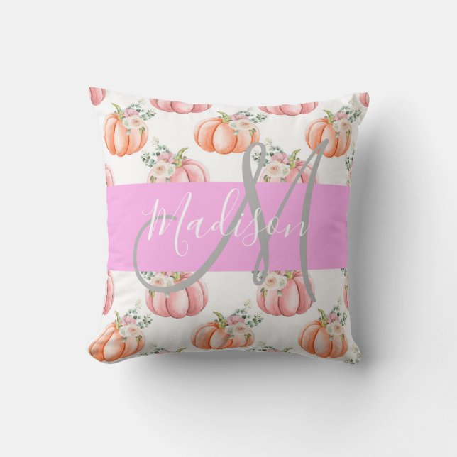 Chic Floral White Pink Peach Pumpkin Monogram Name Kissen (Vorderseite)