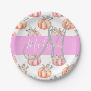 Chic Floral White Pink Peach Pumpkin Monogram Name Pappteller