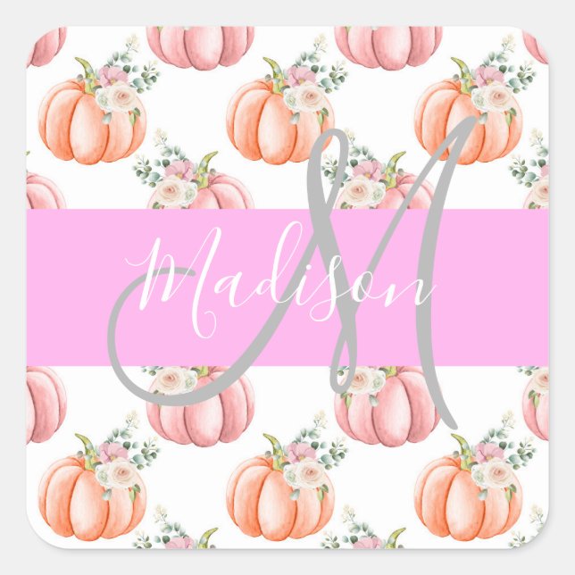 Chic Floral White Pink Peach Pumpkin Monogram Name Quadratischer Aufkleber (Vorderseite)