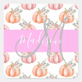 Chic Floral White Pink Peach Pumpkin Monogram Name Quadratischer Aufkleber