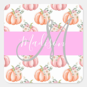 Chic Floral White Pink Peach Pumpkin Monogram Name Quadratischer Aufkleber