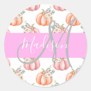 Chic Floral White Pink Peach Pumpkin Monogram Name Runder Aufkleber
