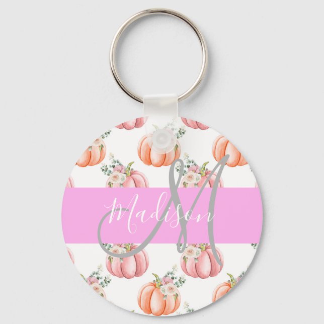 Chic Floral White Pink Peach Pumpkin Monogram Name Schlüsselanhänger (Vorderseite)