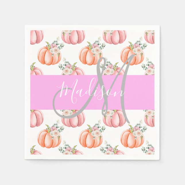 Chic Floral White Pink Peach Pumpkin Monogram Name Serviette (Vorderseite)