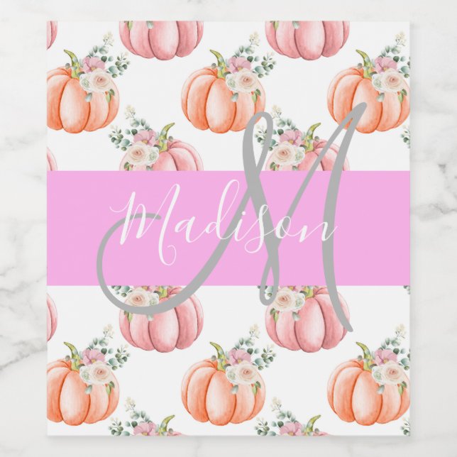 Chic Floral White Pink Peach Pumpkin Monogram Name Weinetikett (Einzelnes Label)