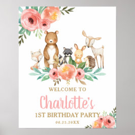 Chic Floral Woodland Tiere 1. Geburtstag Willkomme Poster