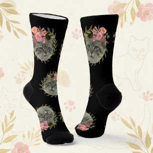 Chic Floral Wreath mit Pet Cat Foto Black Socken