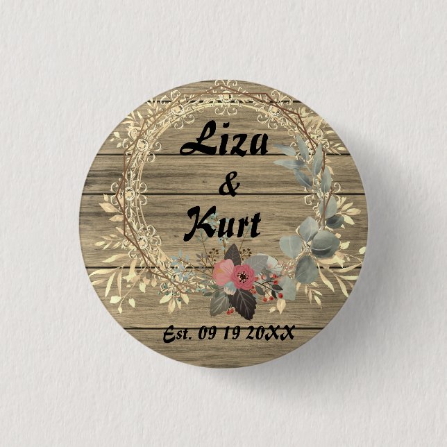 Chic Floral Wreath Rustic Wedding Button (Vorderseite)