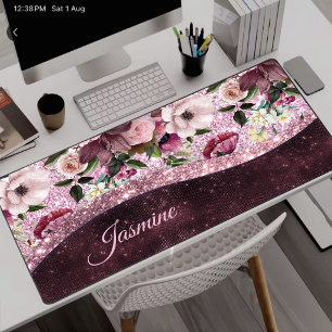 Chic florales Burgunderrosa lila Glitter Monogramm Schreibtischunterlage