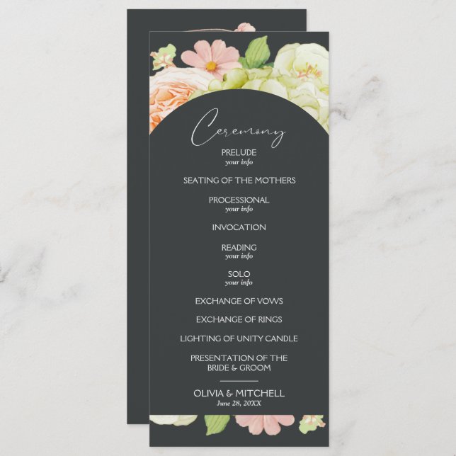 Chic Florals Dark Wedding Zeremonie Programm (Vorne/Hinten)