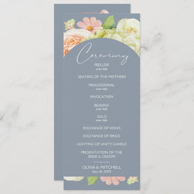 Chic Florals Dusty Blue Wedding Zeremonie Programm (Vorne/Hinten)