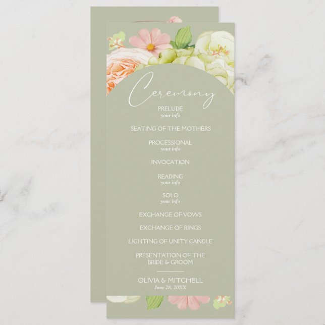 Chic Florals Sage Green Wedding Zeremonie Programm (Vorne/Hinten)