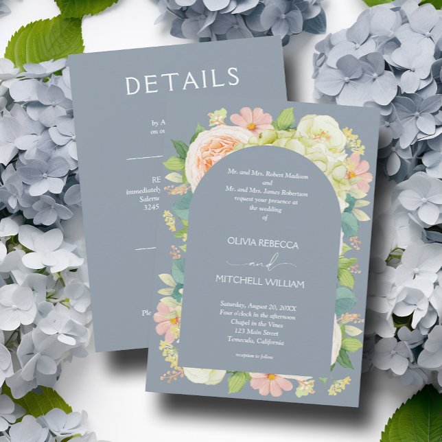 Chic Florals Wedding All in One Dusty Blue Einladung (Von Creator hochgeladen)