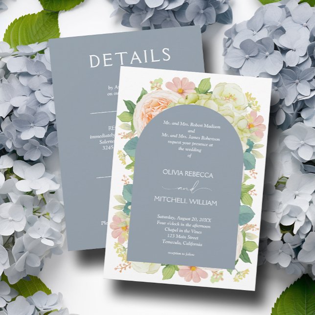 Chic Florals Wedding All in One Dusty Blue Einladung (Von Creator hochgeladen)